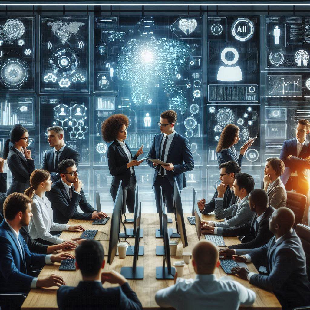 Business People in front of wall with AI images